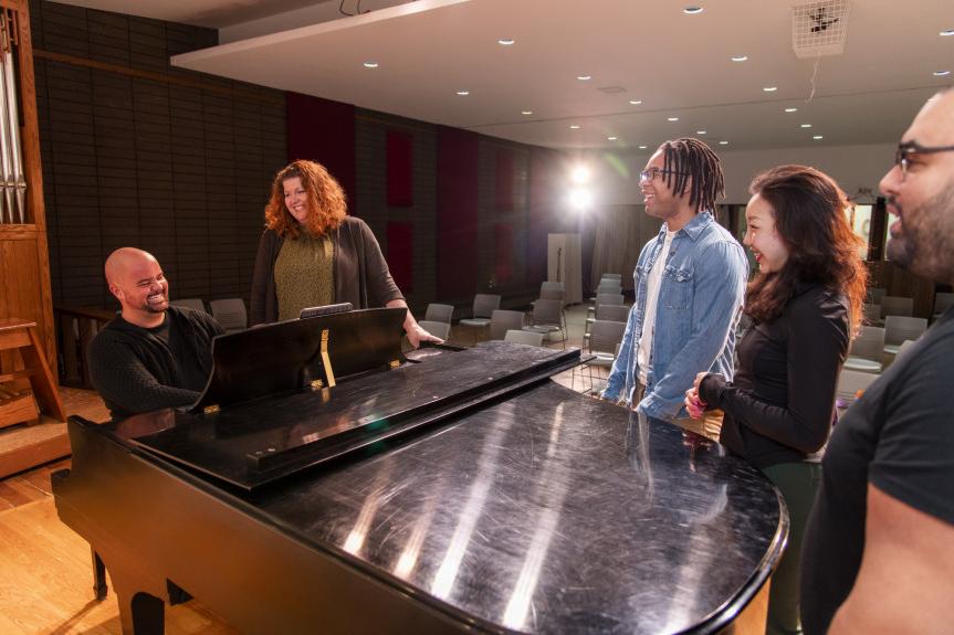 Master of Music students 和 faculty rehearse in the Recital Hall.